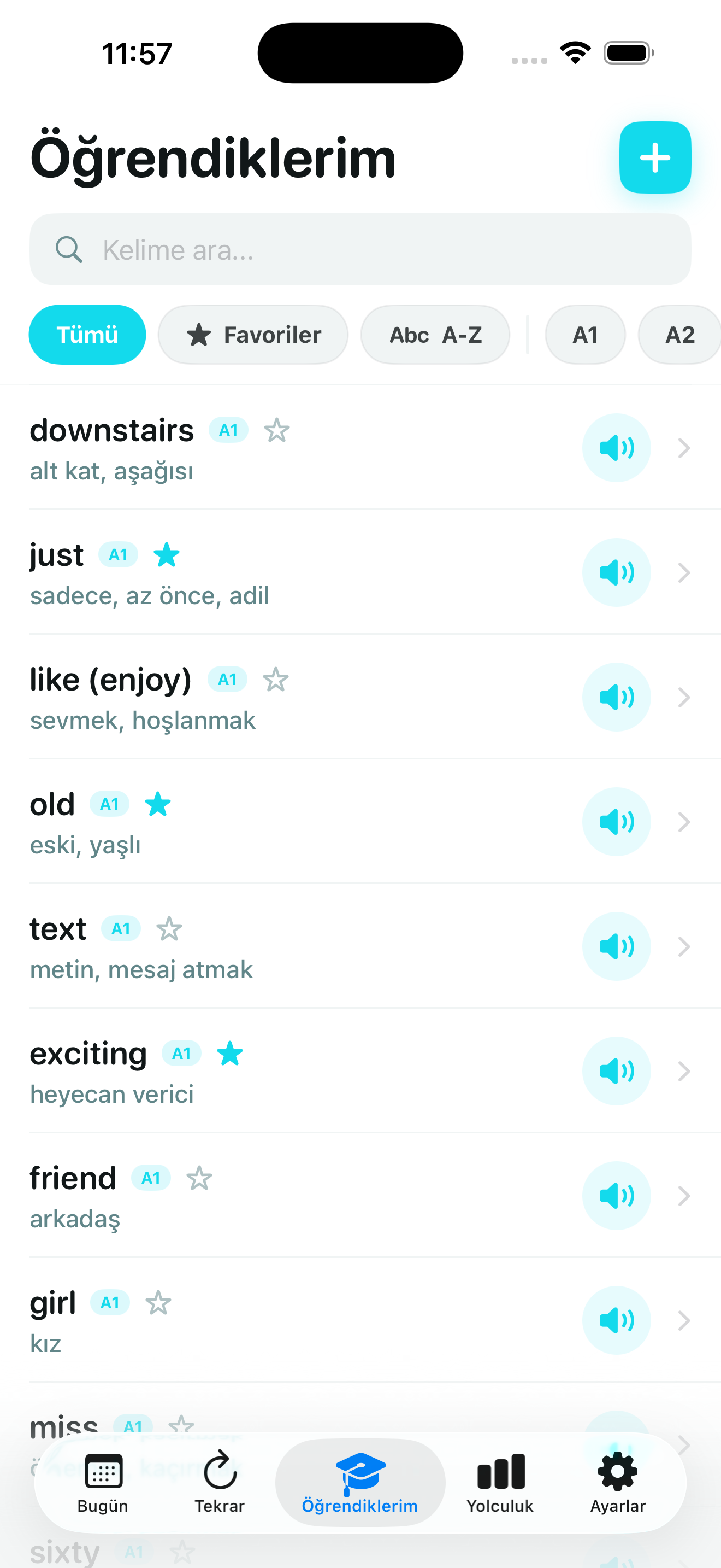 Günde10 öğrenilen kelimeler ekranı
