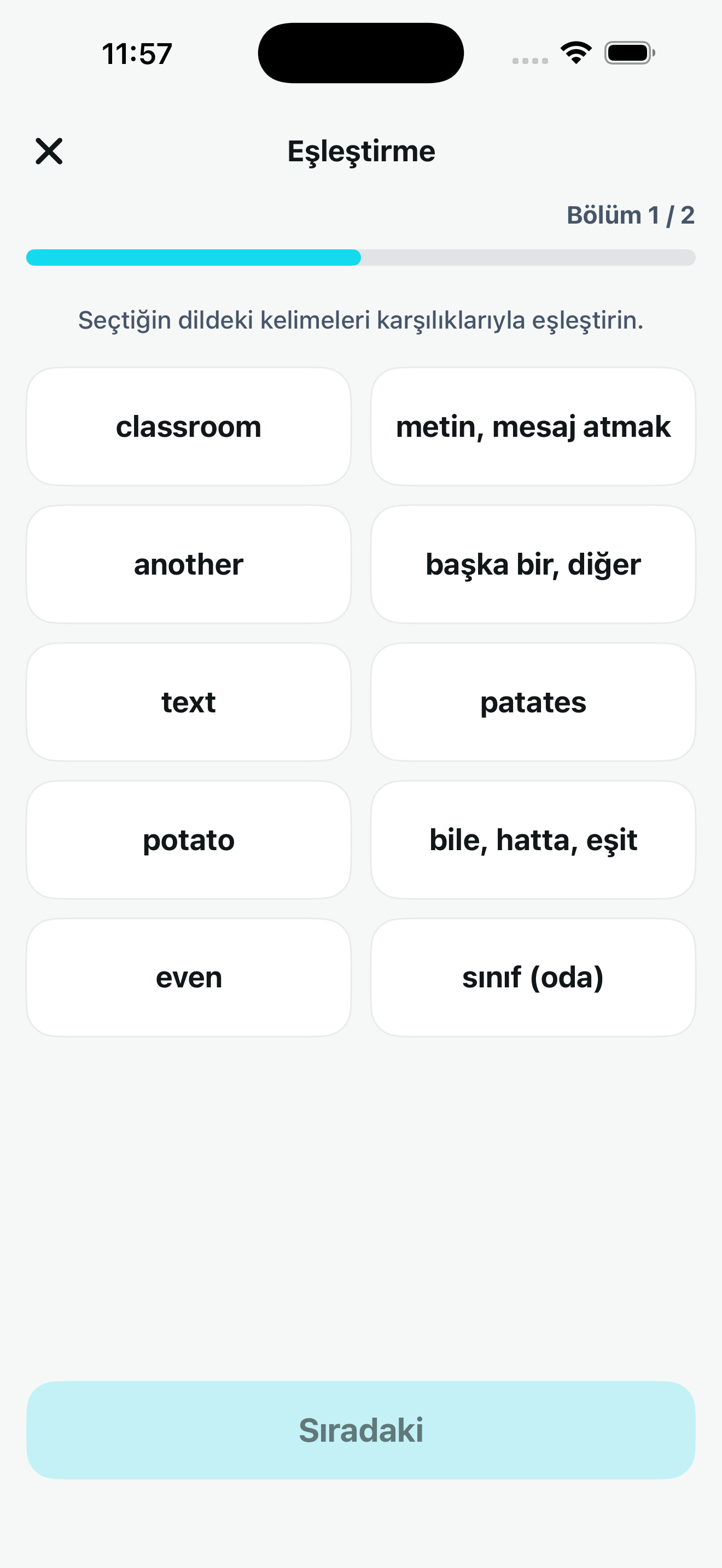Günde10 eşleştirme ekranı