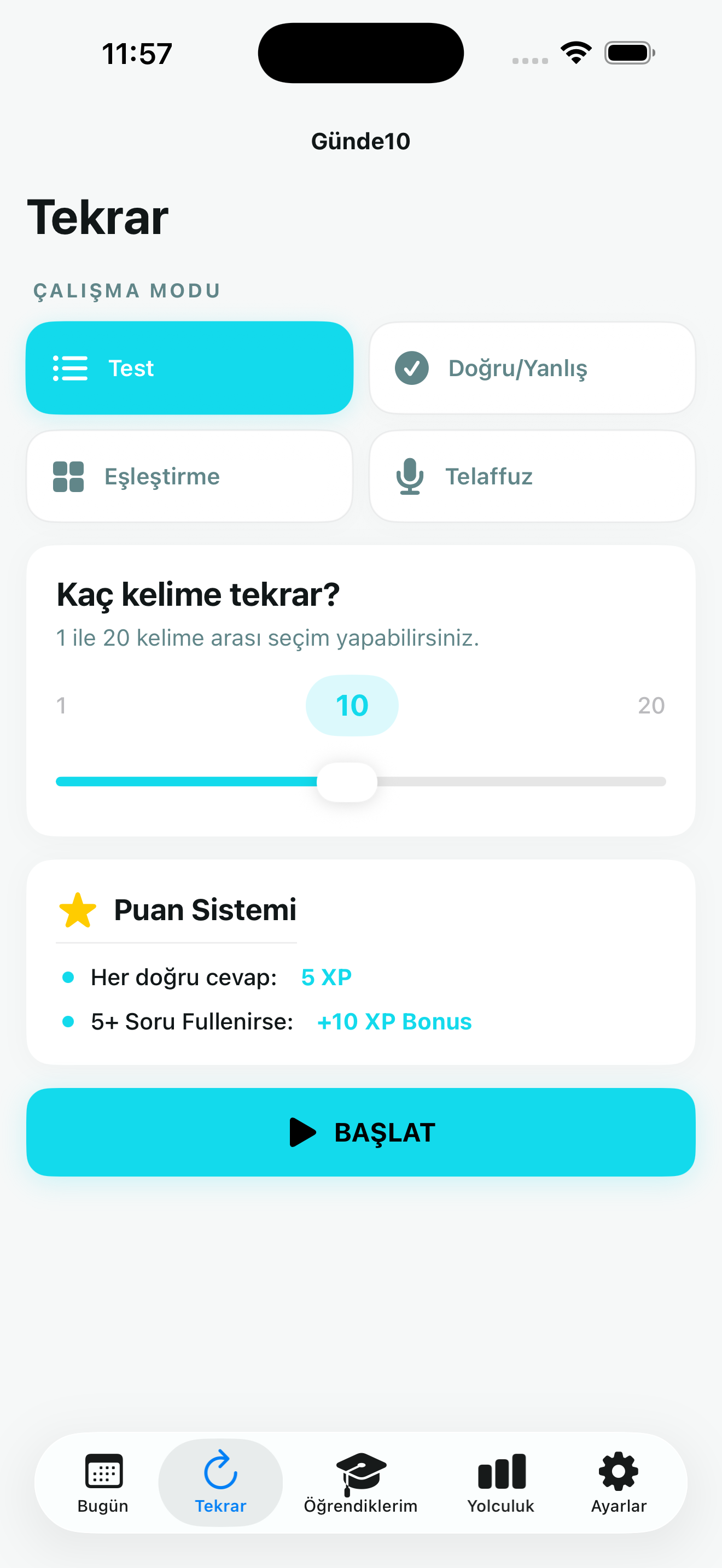 Günde10 pratik modları ekranı