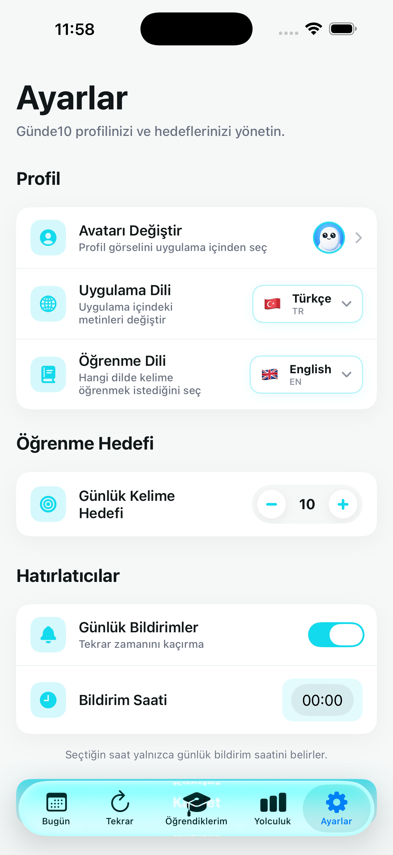 Günde10 ayarlar ekranı